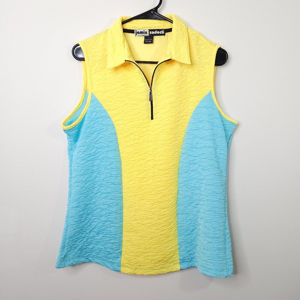 Vintage Jamie Sadock Yellow and Blue Crinkle Golf Top 1/4 Zip Sleeveless L